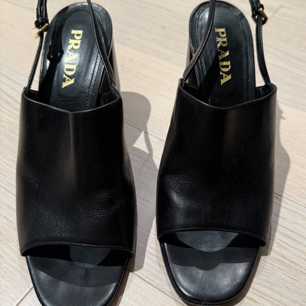 Prada Black Vitello High Vamp Slingback Block Heel Sandals Size EU 40.5